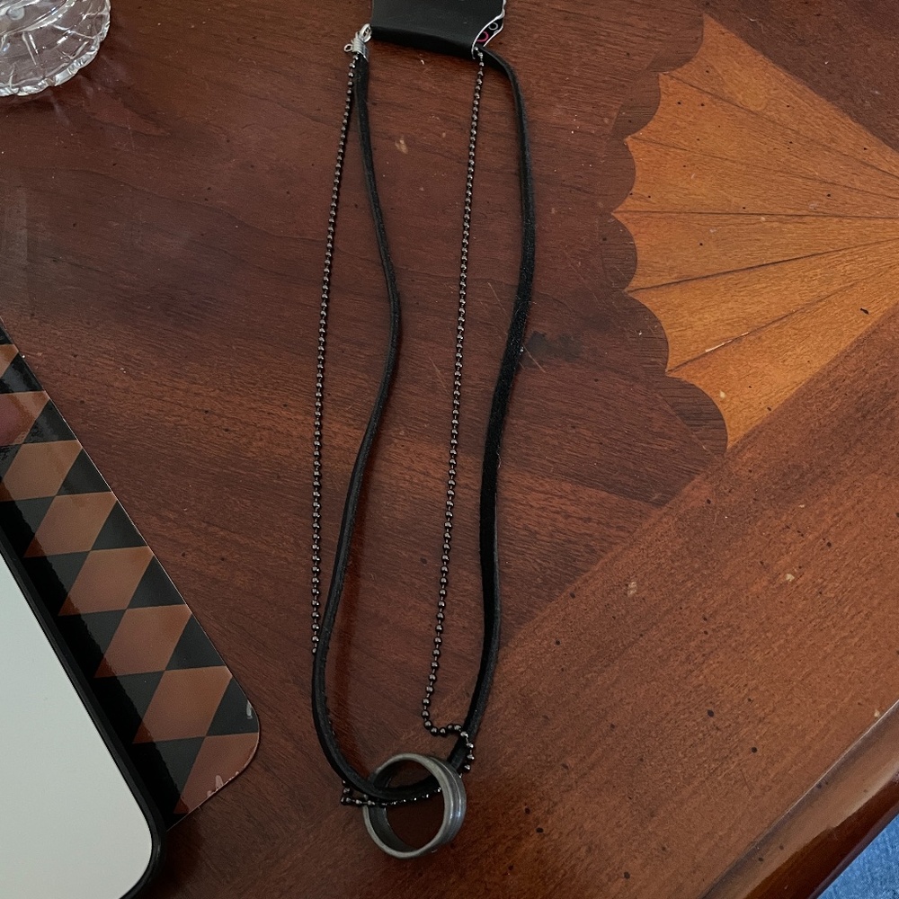 Ring Necklace with leather and metal cord